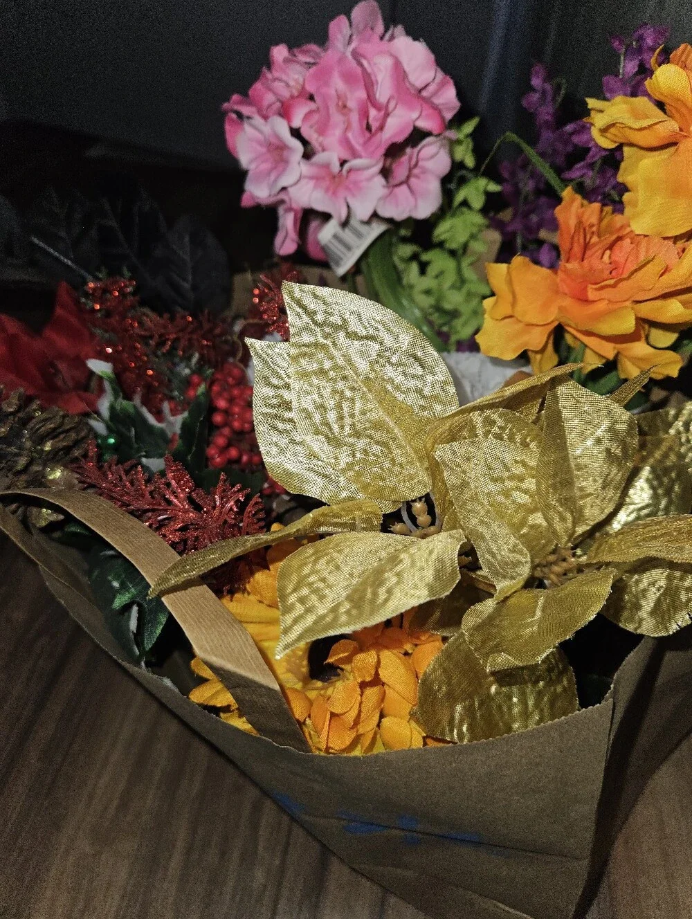 Large assorted lot of artificial flowers, greenery, berries, pinecones, Foam